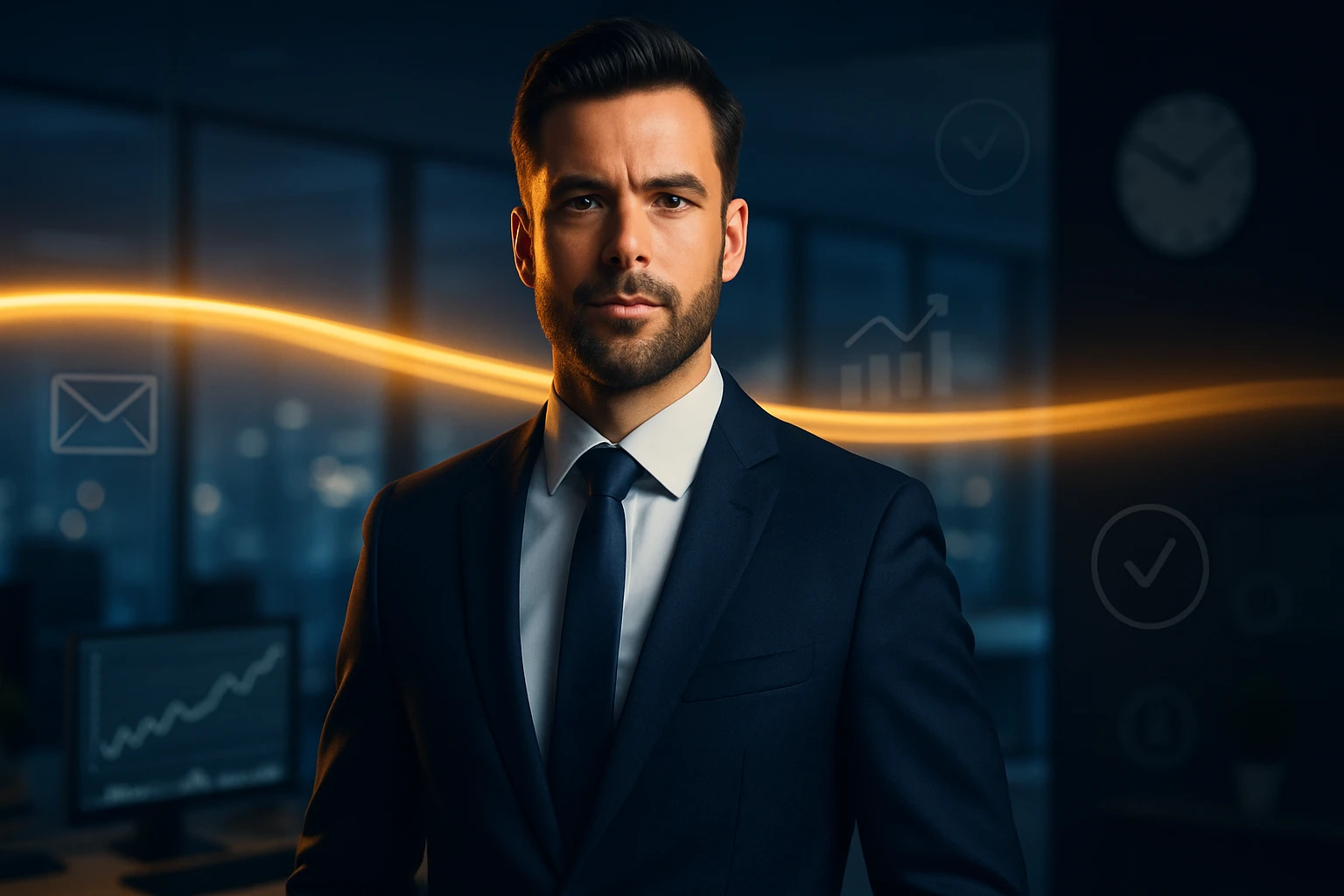 Muž v obleku s vážnym výrazom tváre, pozadie s grafmi a svetlom.