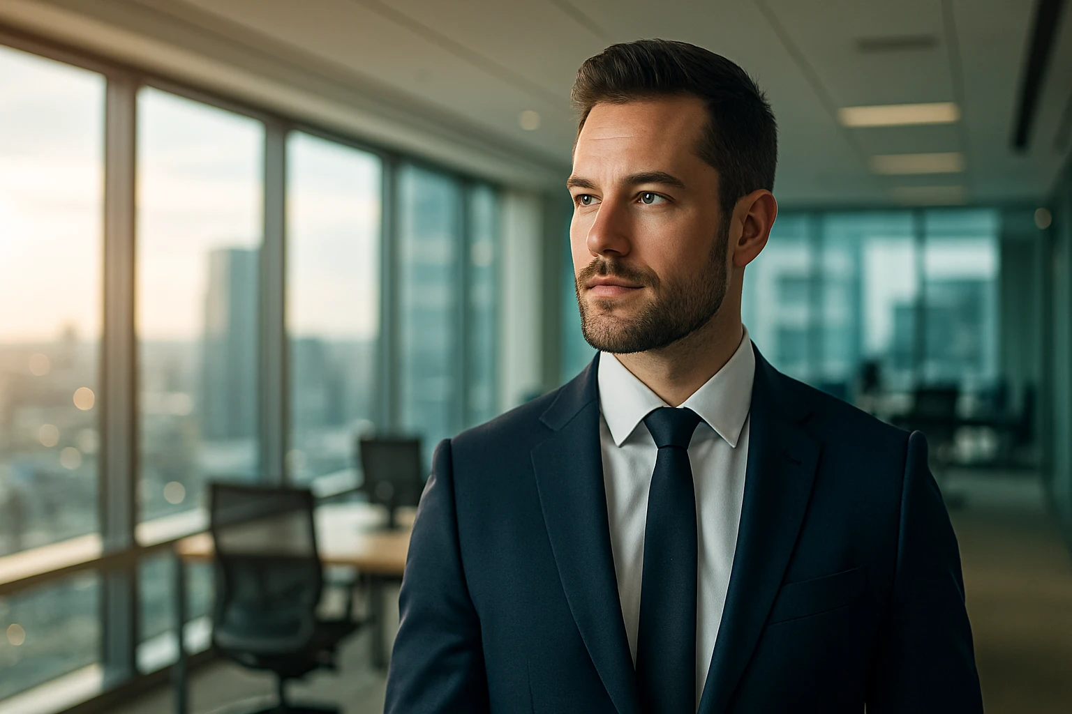 Muž v obleku s vážnym výrazom tváre, stojí pri okne v kancelárii.
