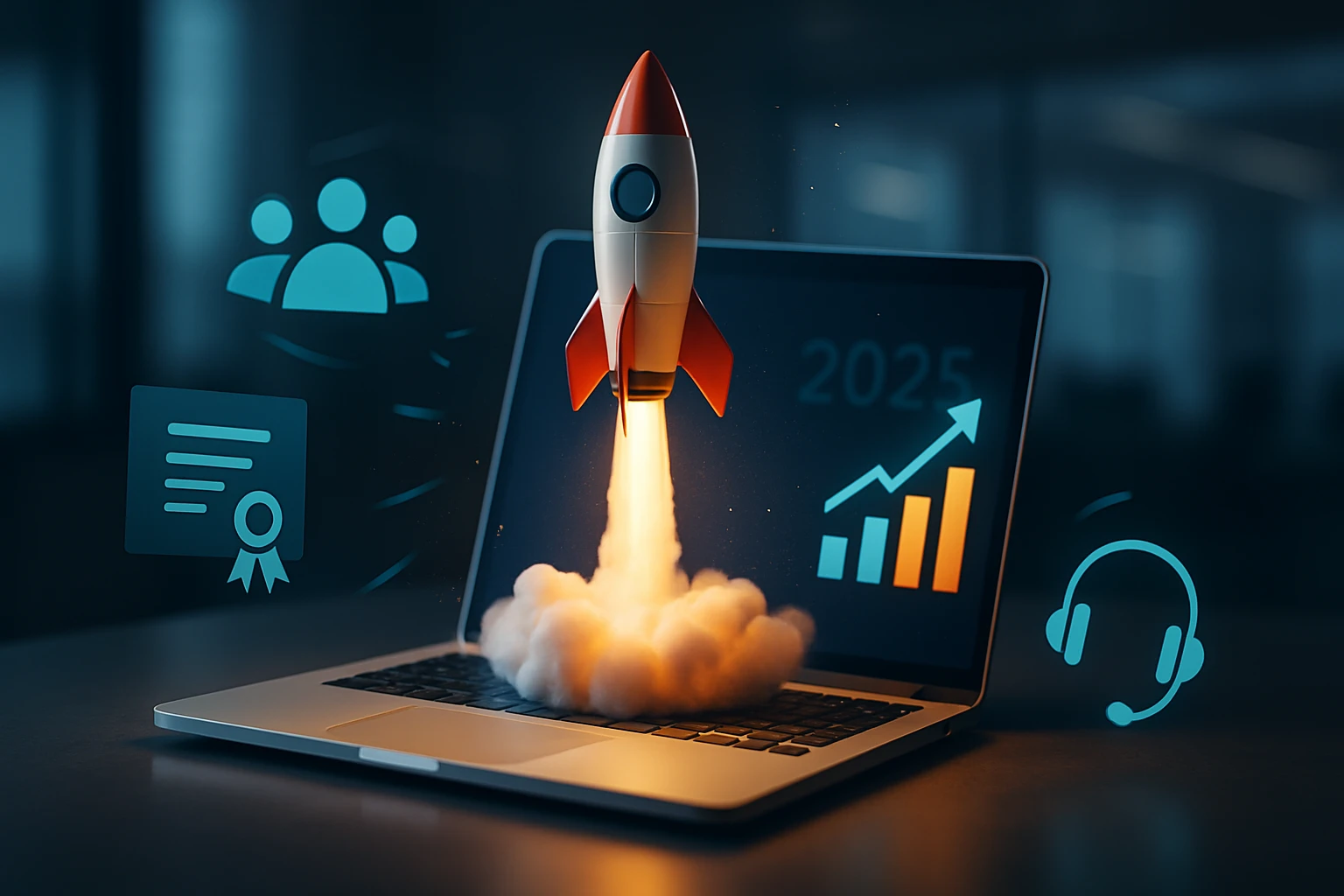 Na obrazovke laptopu vzlietajúca raketa symbolizuje rast a inováciu.