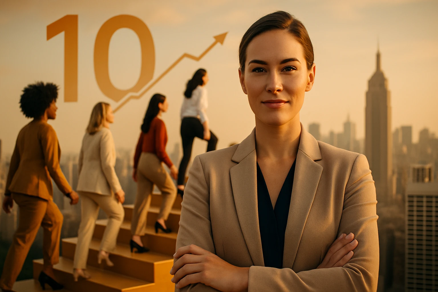 Žena v obleku s prekríženými rukami, pozadie s rastúcim grafom a mestskou panorámou.