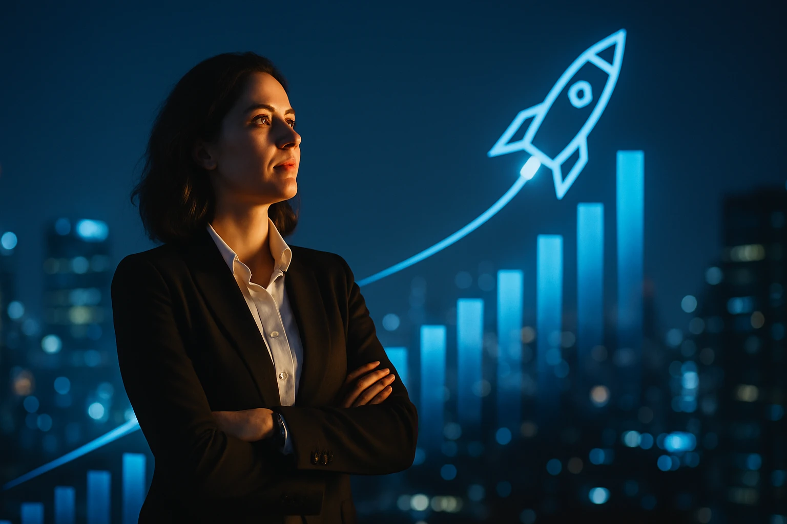 Žena v obleku s prekríženými rukami, pozorujúca graf rastu a raketu v pozadí.