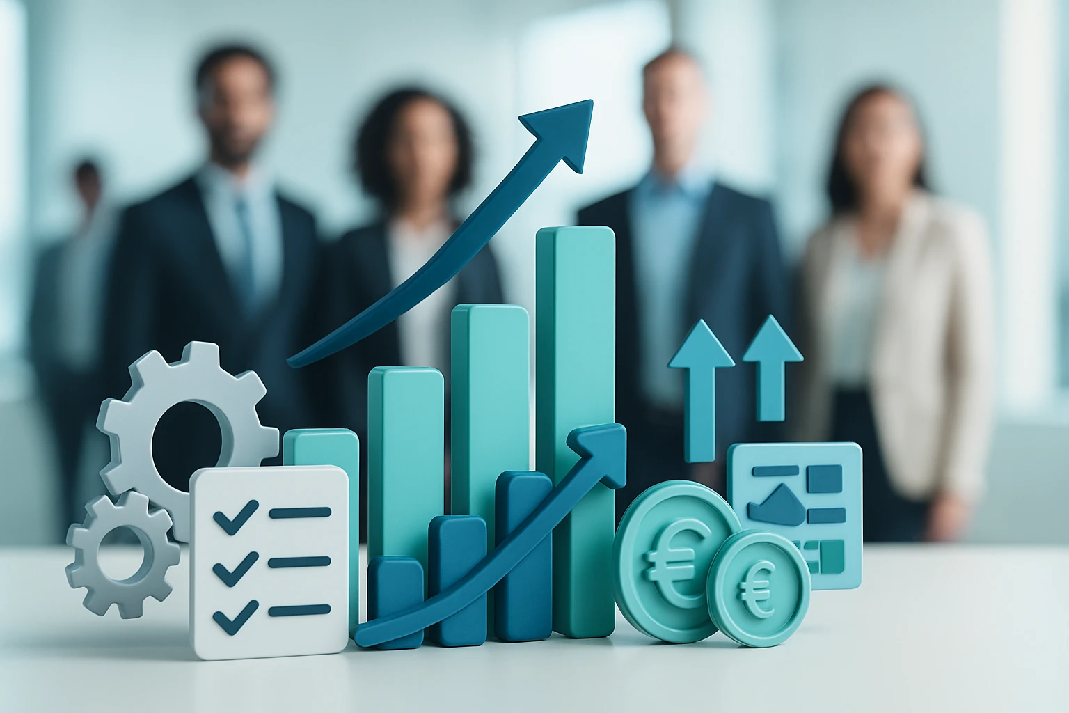 Grafy a symboly rastu s postavami v pozadí v kancelárskom prostredí.