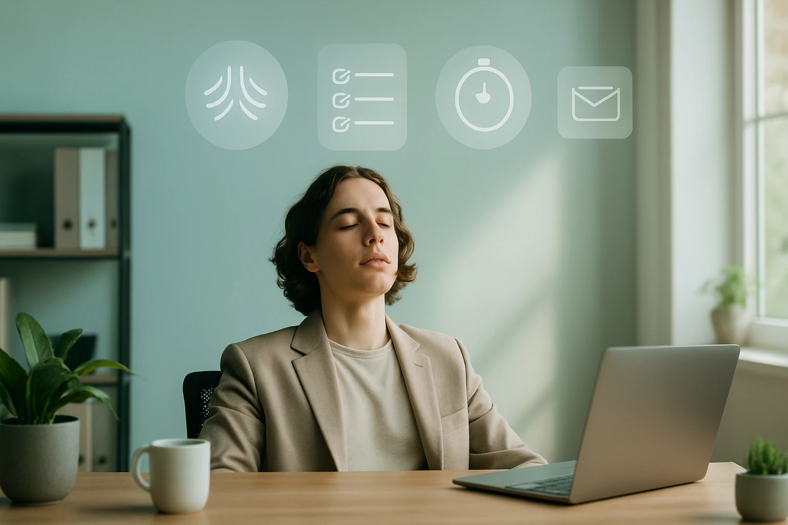 Mladý muž v obleku sedí pri stole s laptopom, zatvorenými očami a relaxuje.