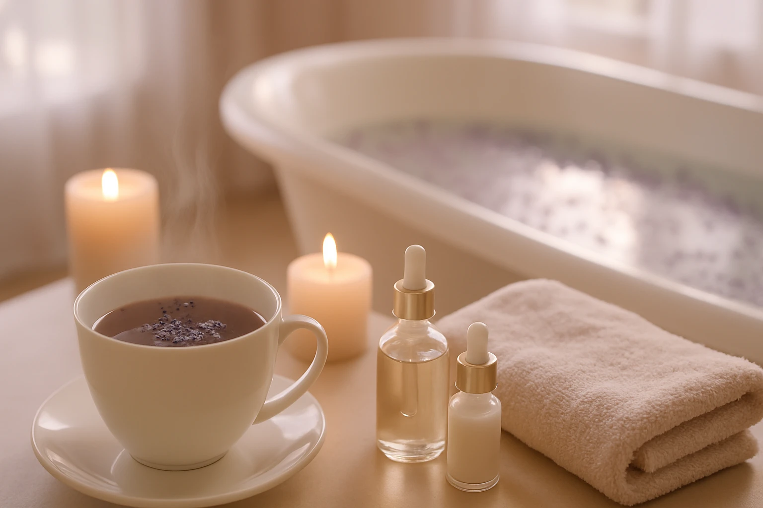 Pohár teplého nápoja s levanduľou, vedľa sviečok a kozmetických produktov.