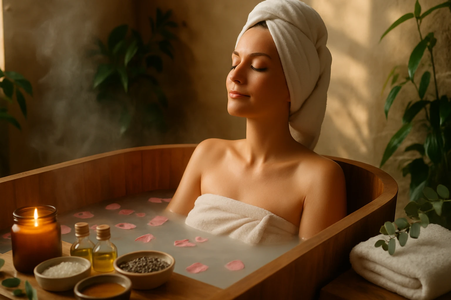Žena relaxuje vo vani s ružovými lupienkami a aromatickými olejmi.