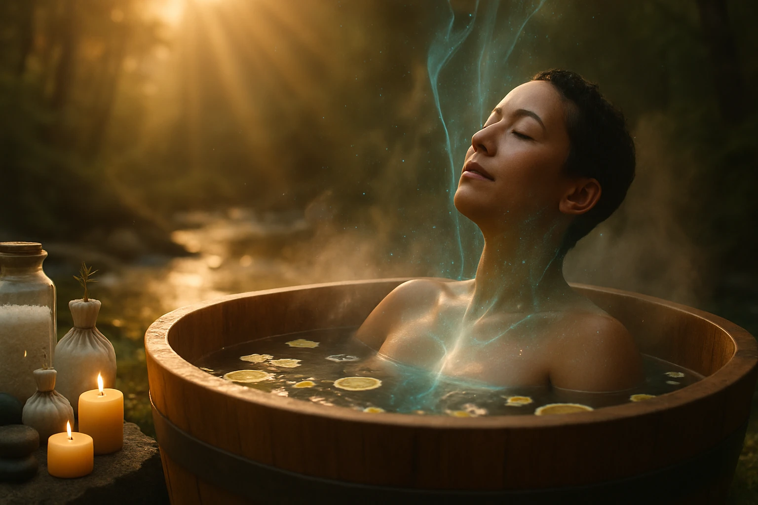 Žena relaxuje v drevenej vani s bylinkami a sviečkami pri rieke.