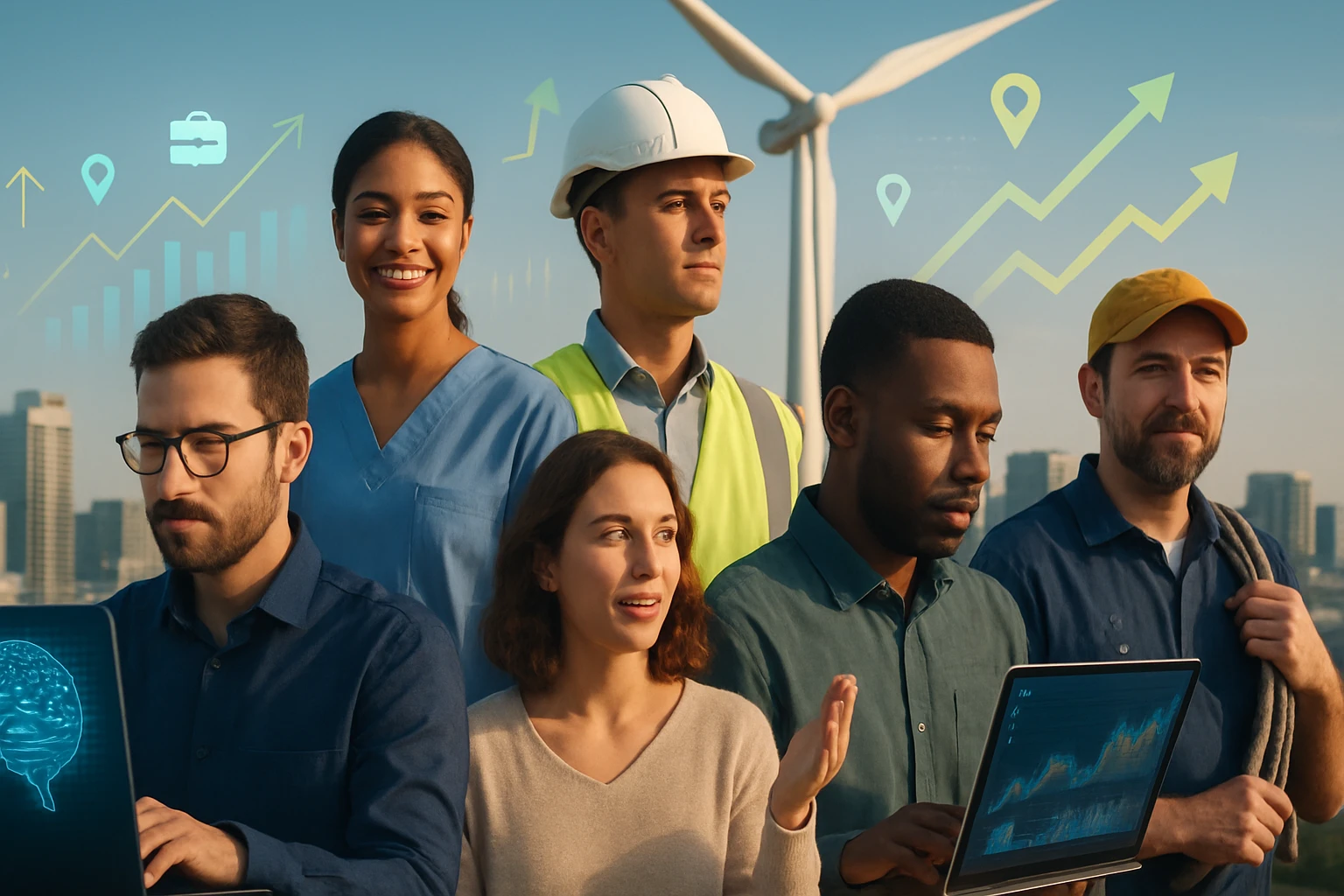 Skupina profesionálov rôznych odborov pred veternými turbínami, zameraní na technológie.