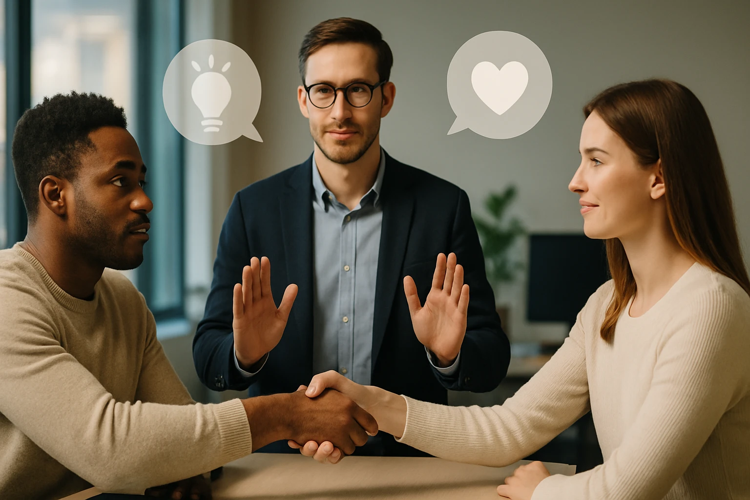 Dva ľudia si podávajú ruky, zatiaľ čo muž v obleku ich pozoruje.