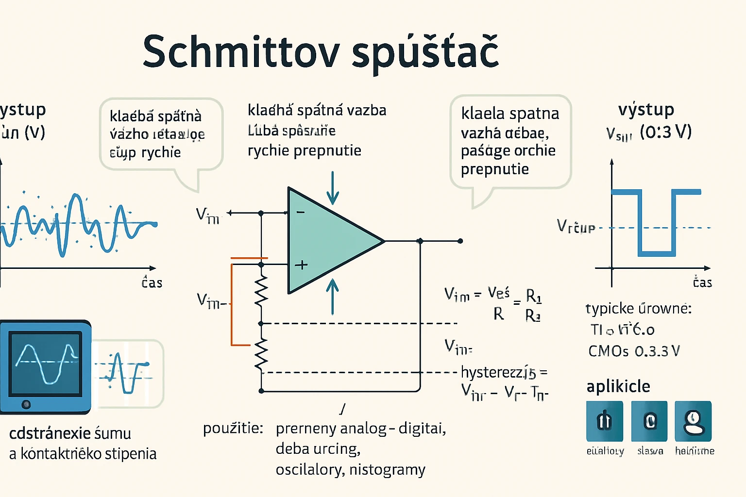 Schmittov spúšťač znázornený schémou s grafmi a popismi.