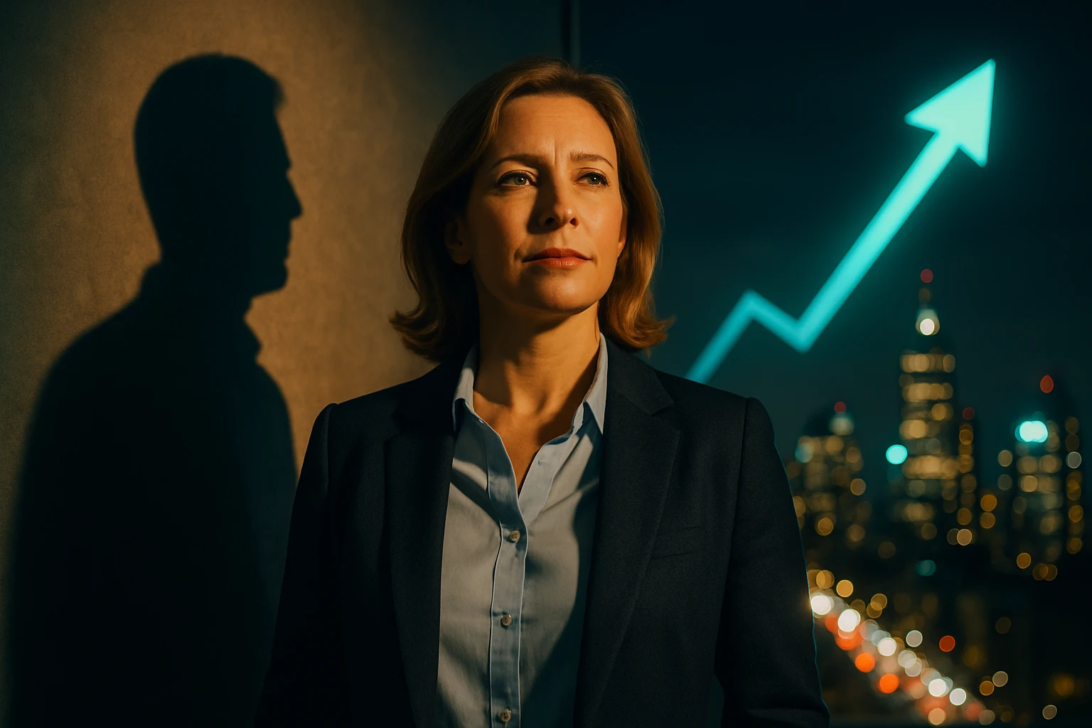 Žena v obleku s vážnym výrazom tváre, pozadie s mestskou panorámou a rastúcou krivkou.