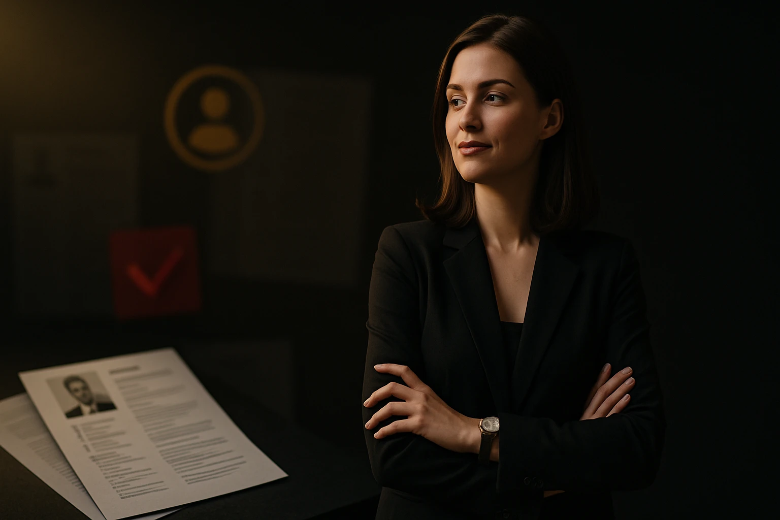 Mladá žena v čiernom obleku s prekríženými rukami, zamyslená.