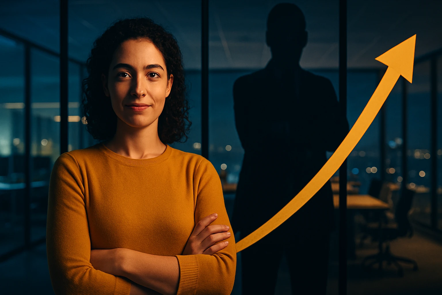 Žena s kučeravými vlasmi v oranžovom svetri stojí s prekríženými rukami.