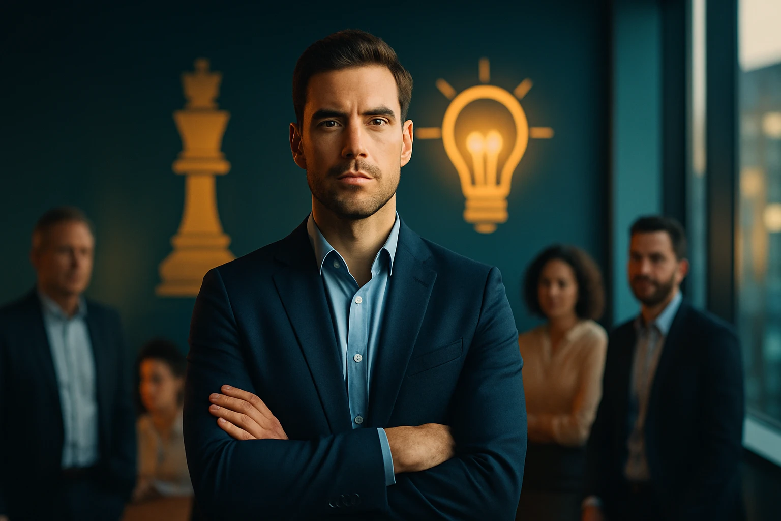 Muž v obleku s prekríženými rukami, v pozadí kolegovia a symboly inovácií.