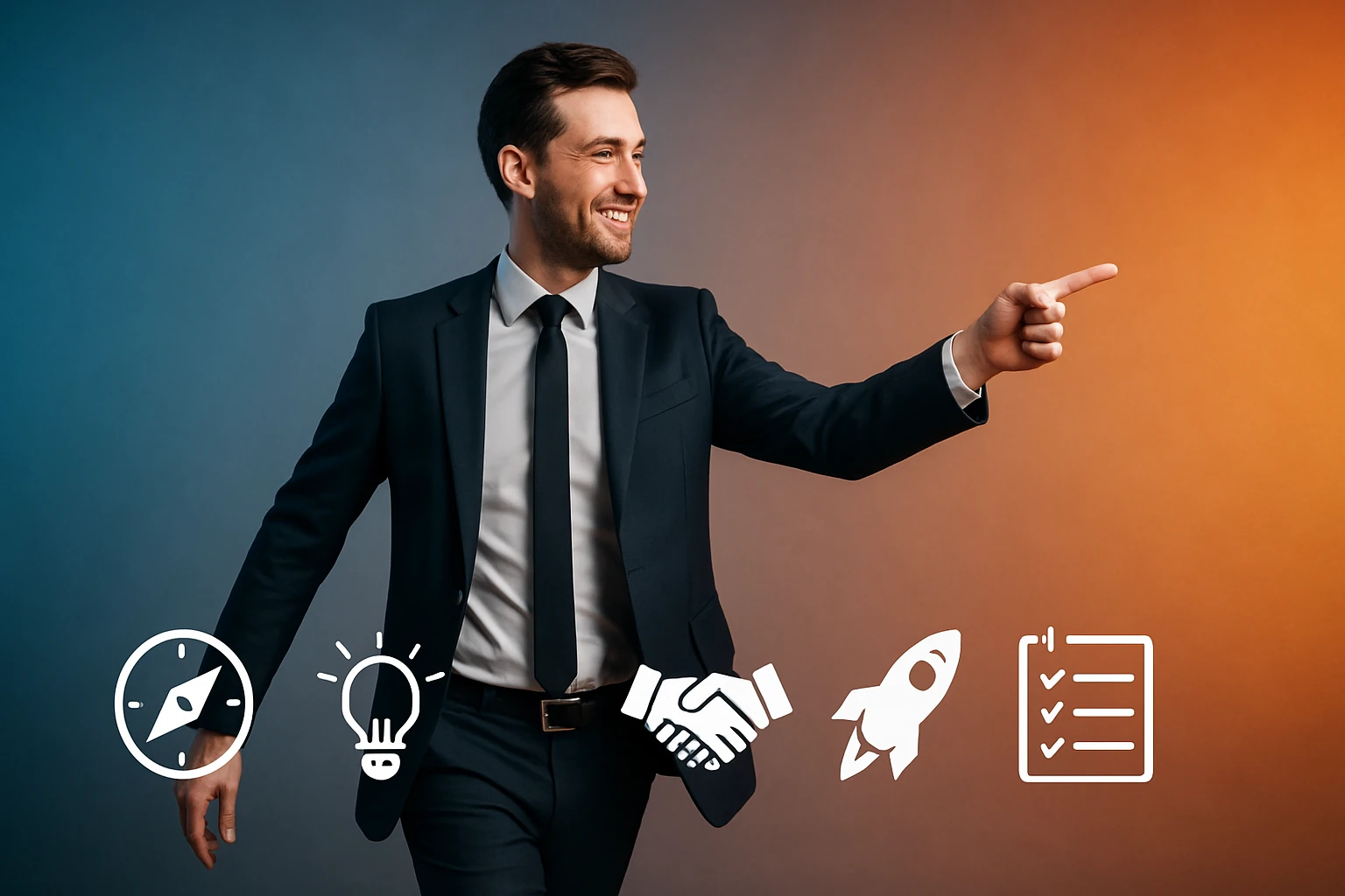 Muž v obleku ukazuje prstom na pravú stranu, usmieva sa a pôsobí sebavedomo.