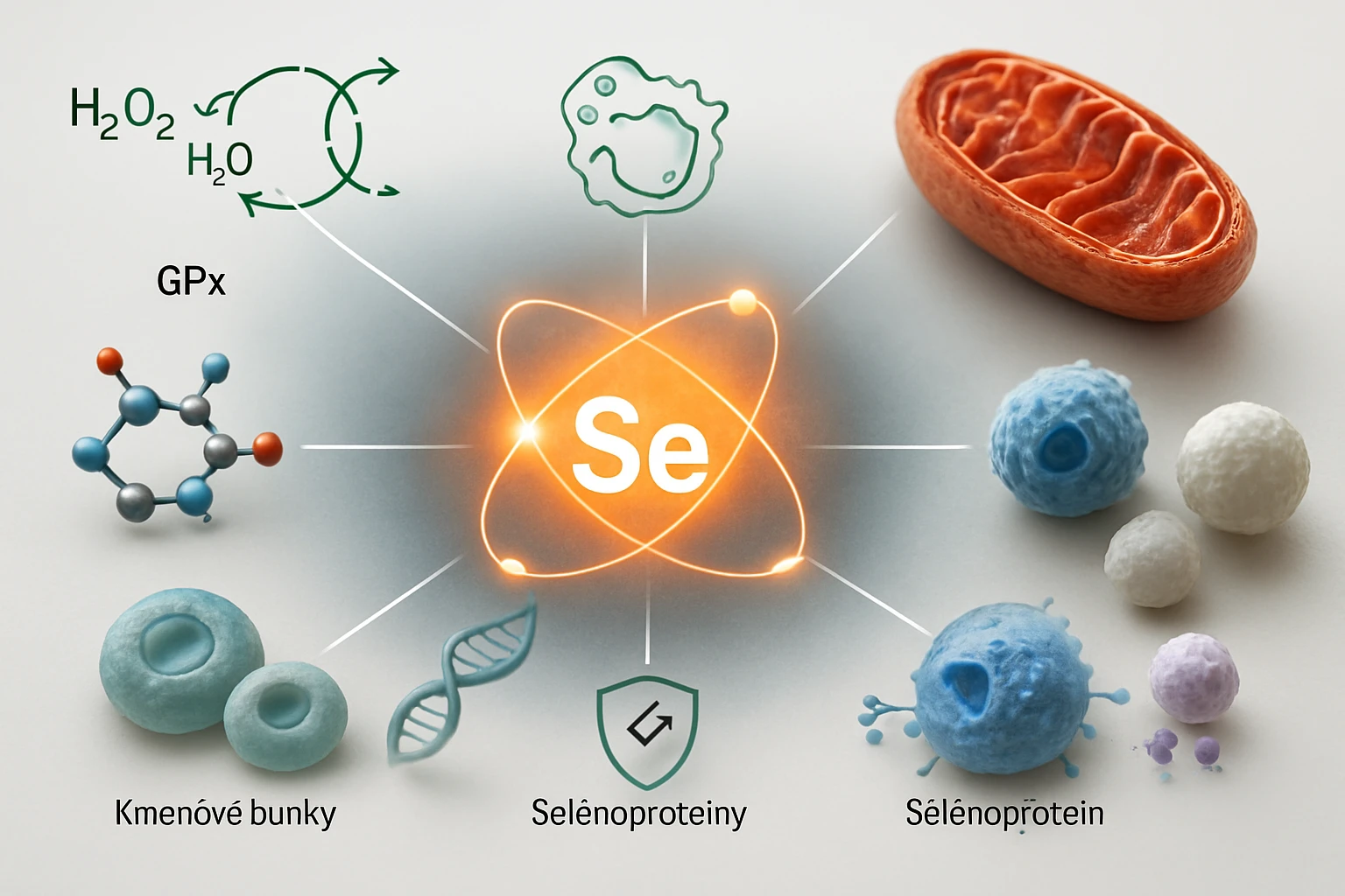 Ilustrácia selénu a jeho úlohy v biochemických procesoch, vrátane proteínov a buniek.