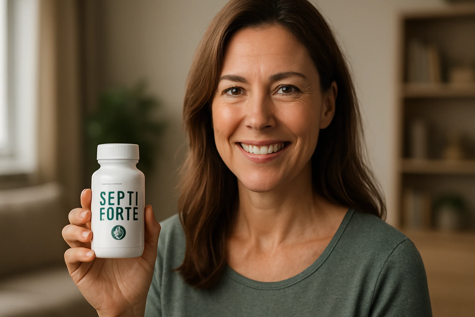 Žena s dlhými hnedými vlasmi drží fľašu s doplnkom SeptiForte a usmieva sa.