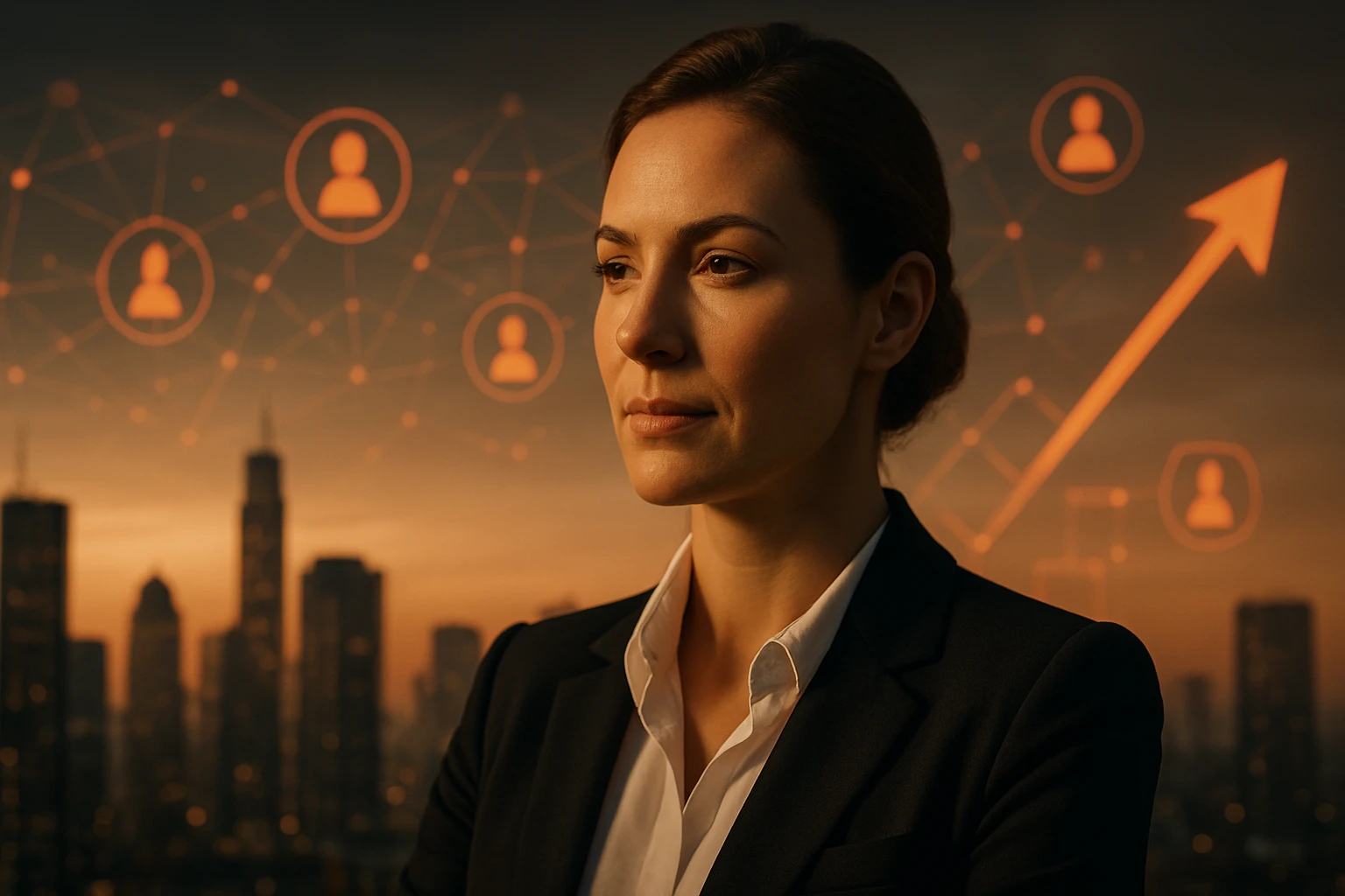 Žena v obleku s vážnym výrazom, pozorujúca mestskú panorámu pri západe slnka.