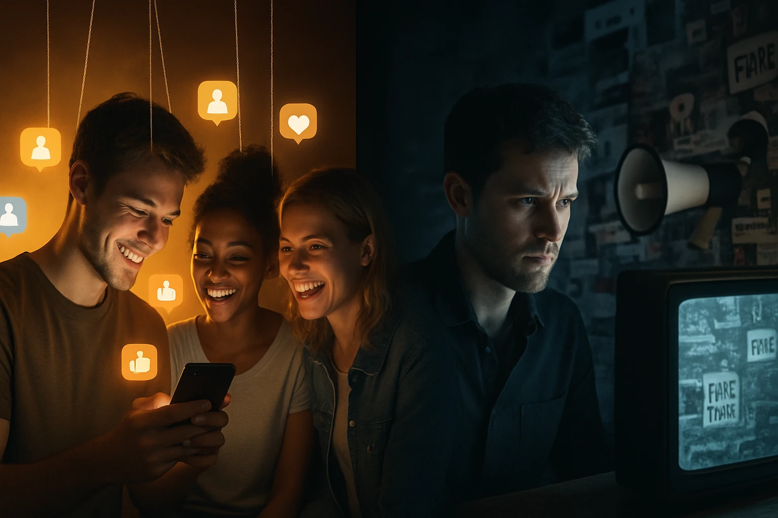 Skupina priateľov sa smeje a sleduje mobil, zatiaľ čo jeden muž sa zamyslene pozerá na televízor.