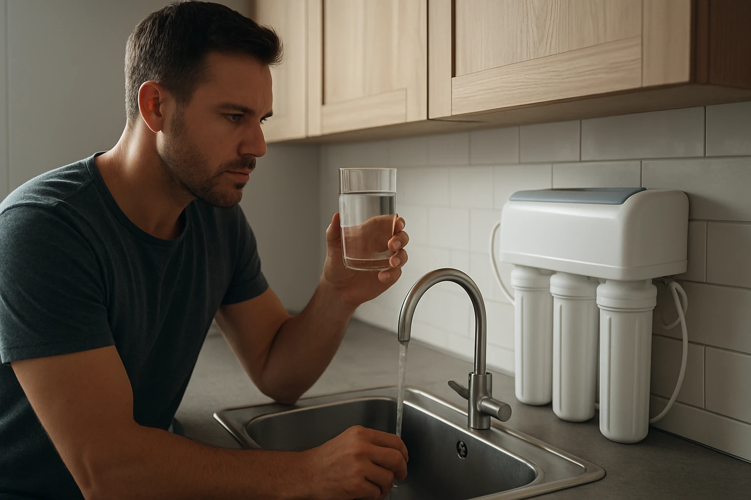 Muž vychutnávajúci si čerstvo filtrovanú vodu z osmotického systému