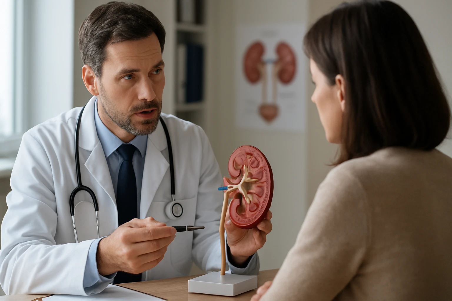 Lekár vysvetľuje funkciu Henleho kľučky na modeli obličiek.