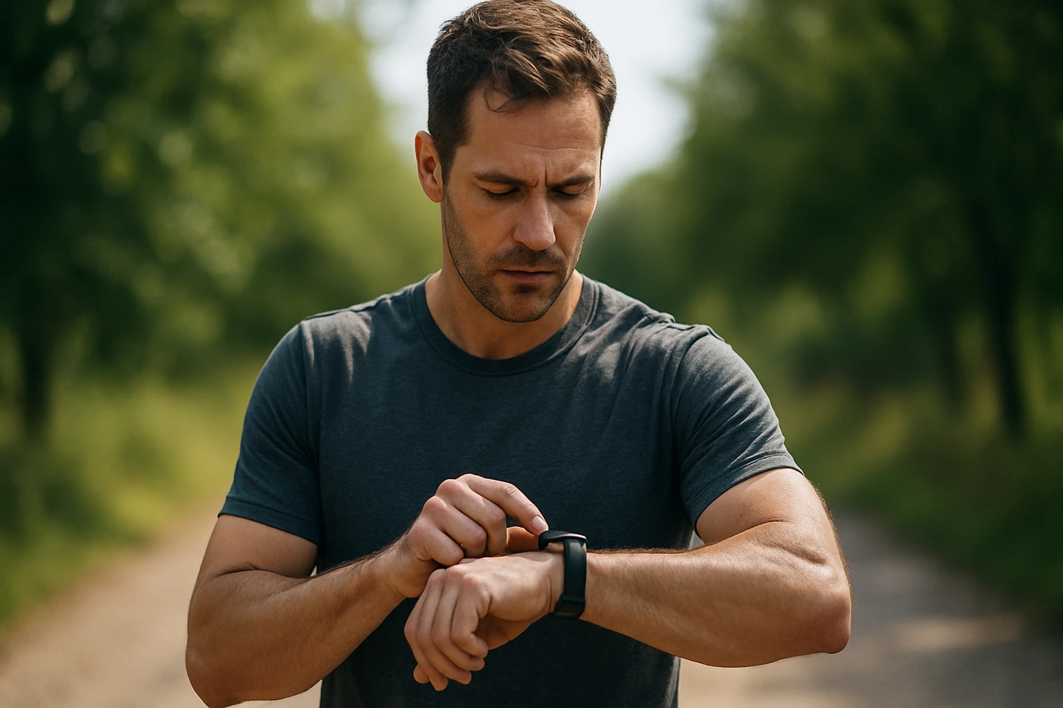 Muž kontroluje svoje inteligentné hodinky s meračom pulzu počas behu v prírode.