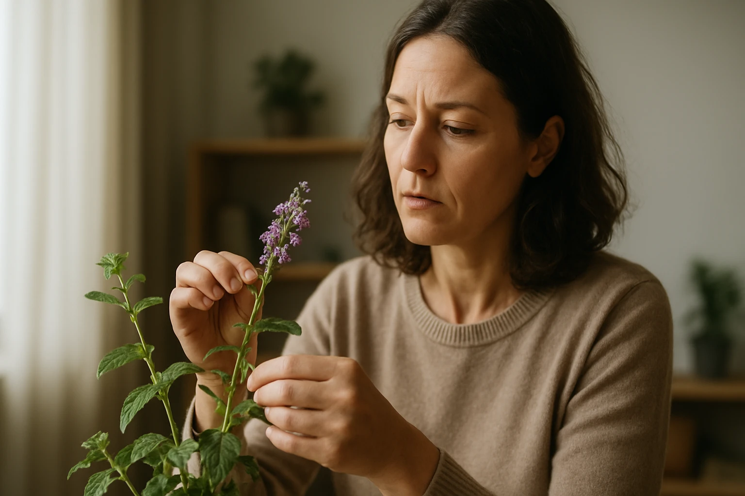 Žena skúma liečivú moc lekárskej veroniky s fialovými kvetmi.