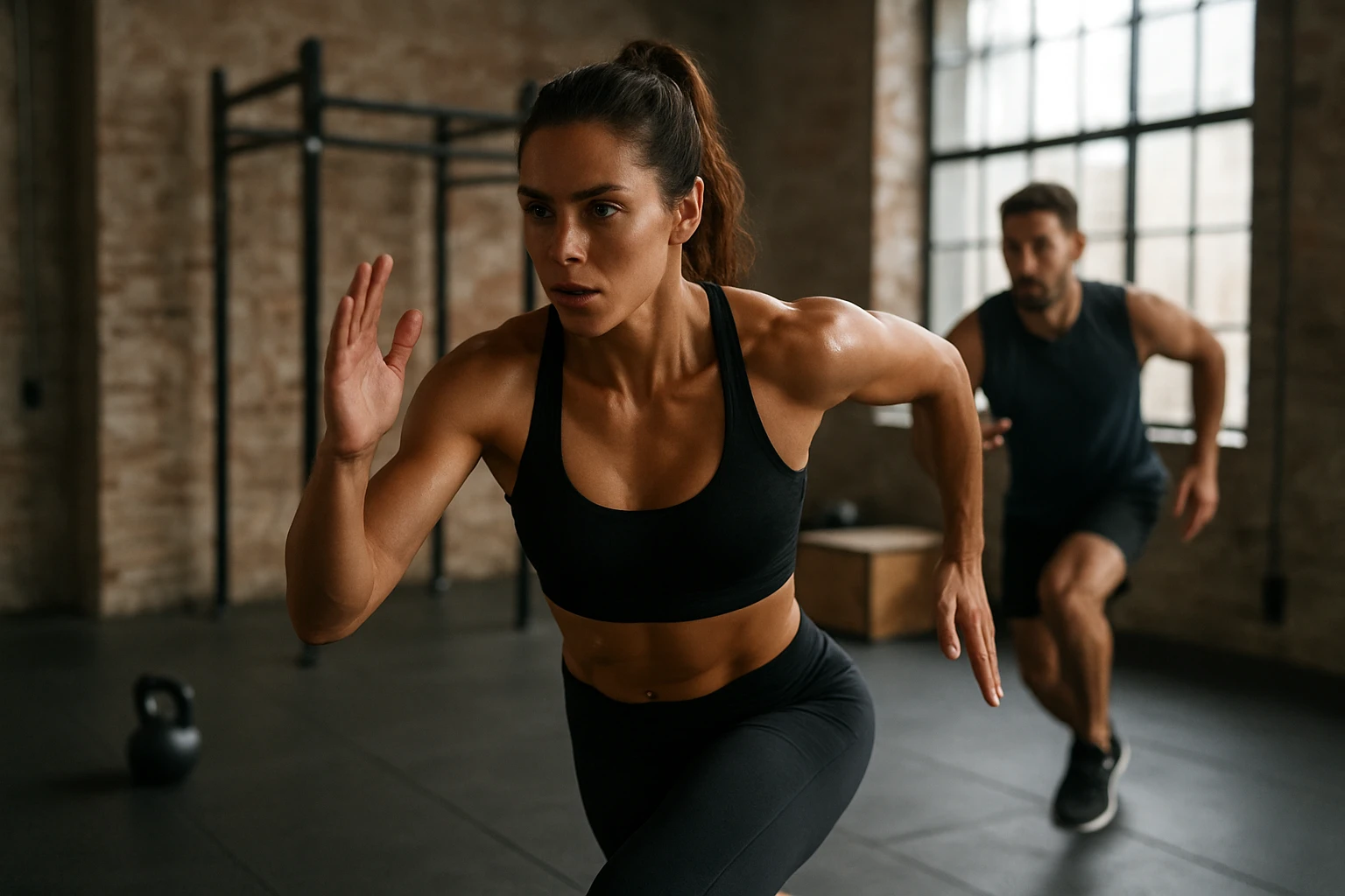 Žena a muž cvičia HIIT tréning v posilňovni