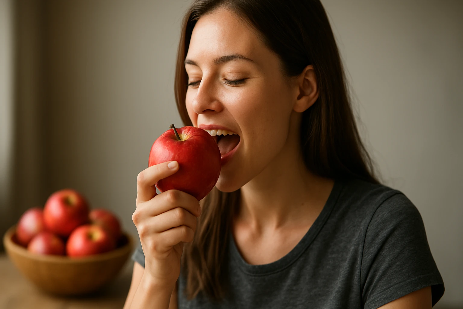 Žena si vychutnáva červené jablko, zdravá desiata