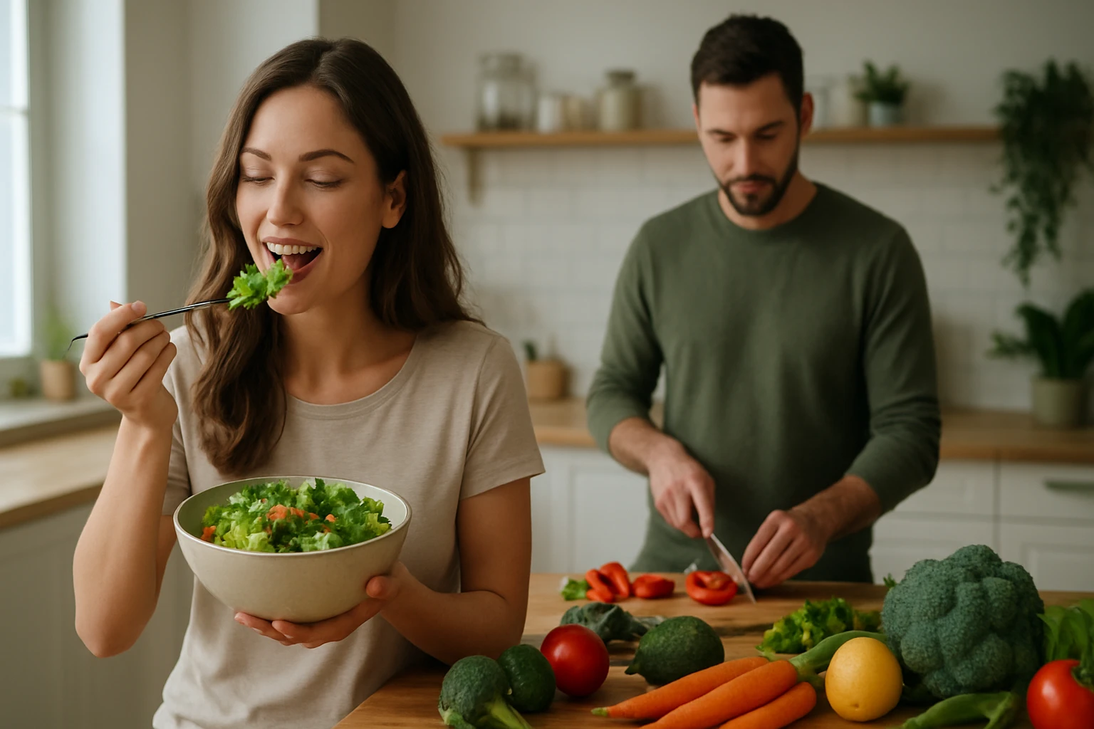 Žena vychutnávajúca si vegetariánsky šalát v kuchyni.