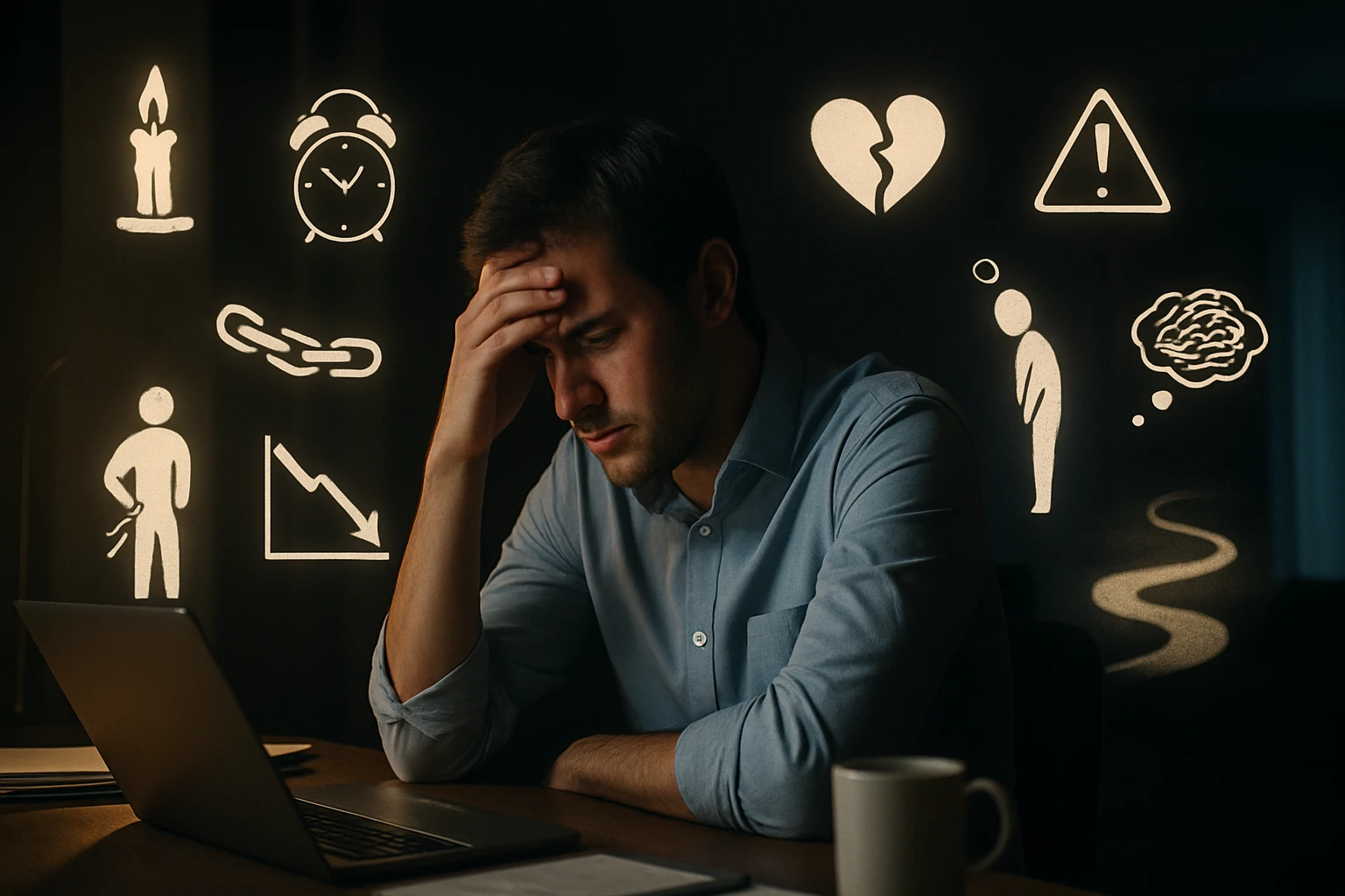 Muž sediaci pri počítači s výrazom frustrácie, okolo neho symboly stresu.