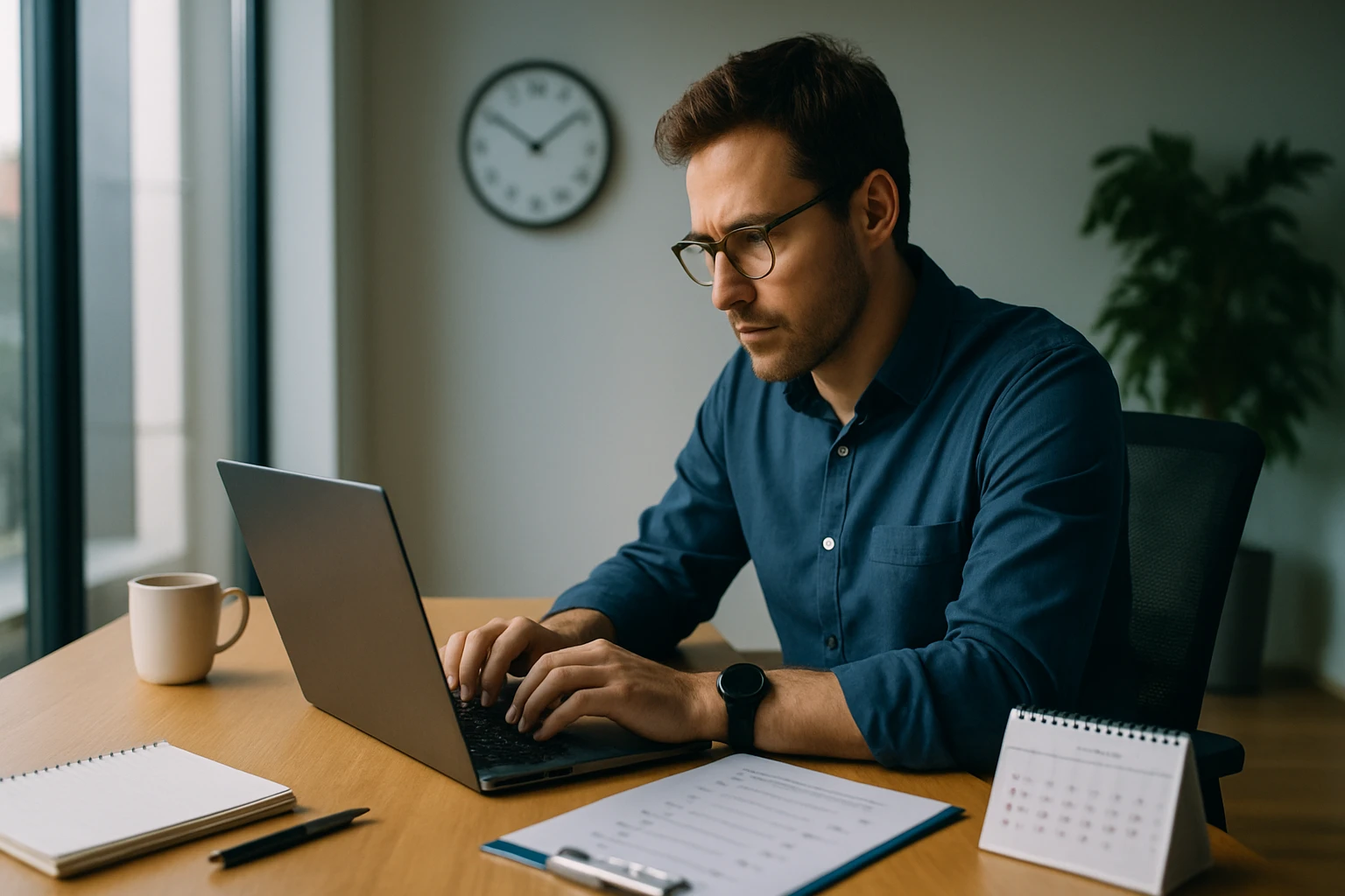 Muž pracuje na laptopu v kancelárii, sústredený na úlohu.