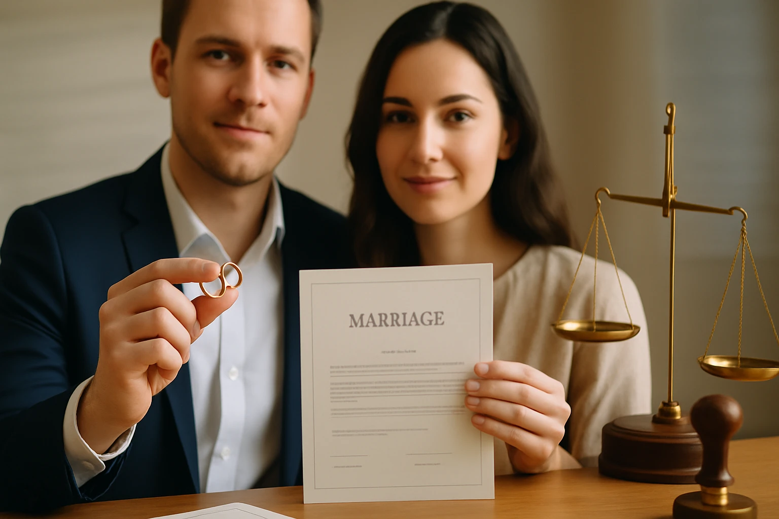 Mladý pár drží svadobný certifikát a obrúčky pri stole.