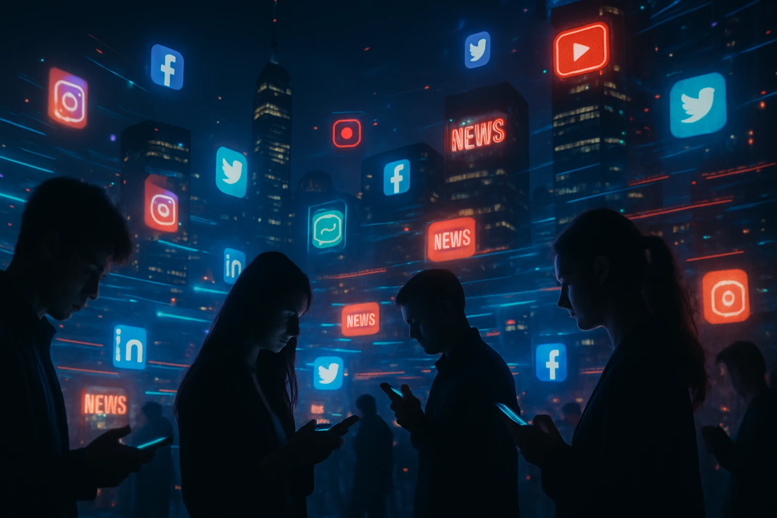 Skupina ľudí s mobilnými telefónmi pred mestskou scenériou a sociálnymi médiami.