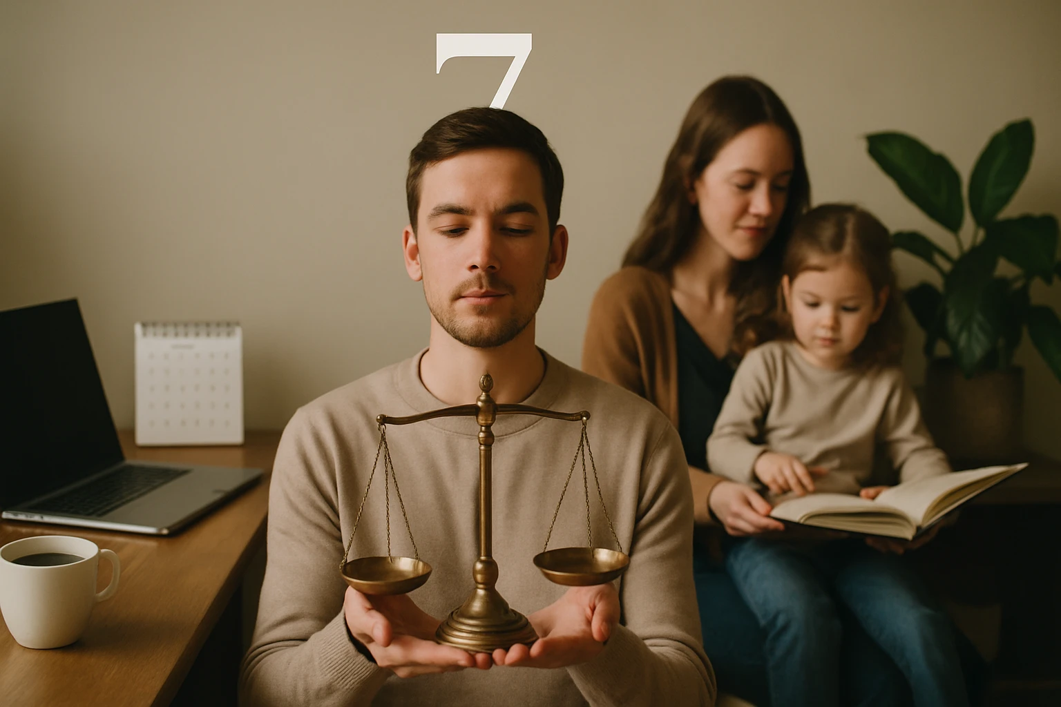 Muž drží váhy spravodlivosti, zatiaľ čo žena a dieťa čítajú v pozadí.