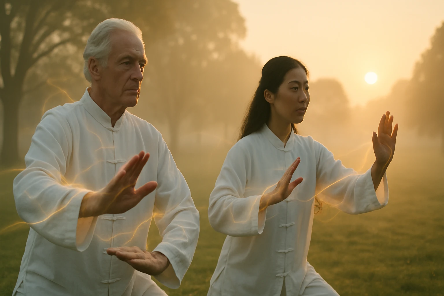 Starší muž a fiolka cvičia tai chi v rannom svetle na trávniku.