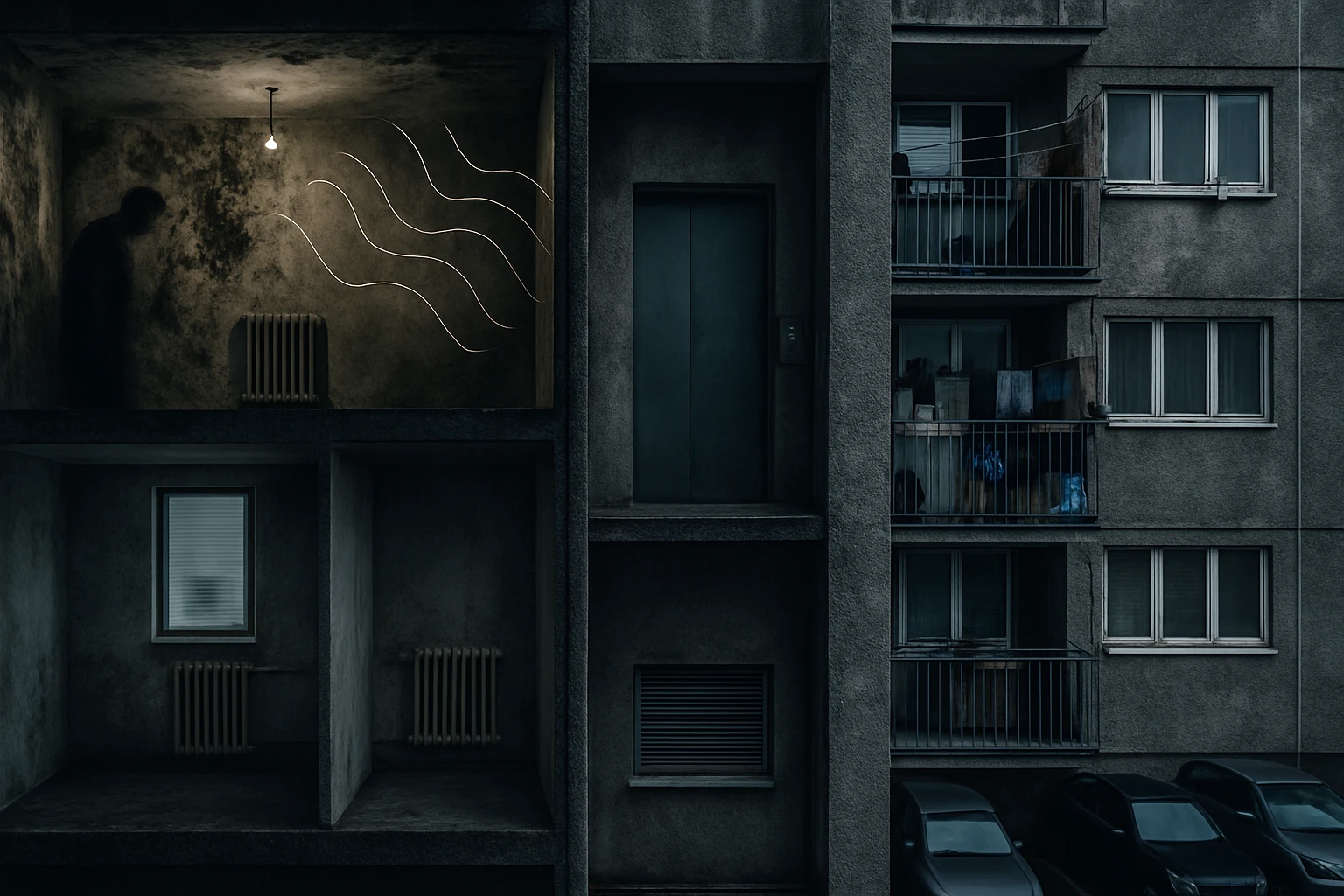 Tmavý interiér panelového domu, egyedül álló figura és fűtőtestek.