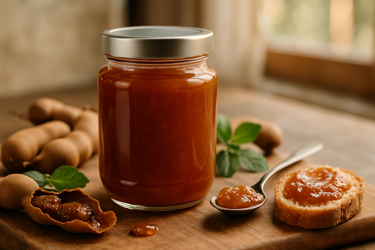 Sklenená nádoba s tmavou marmeládou, vedľa plátok chleba a tamarindové struky.