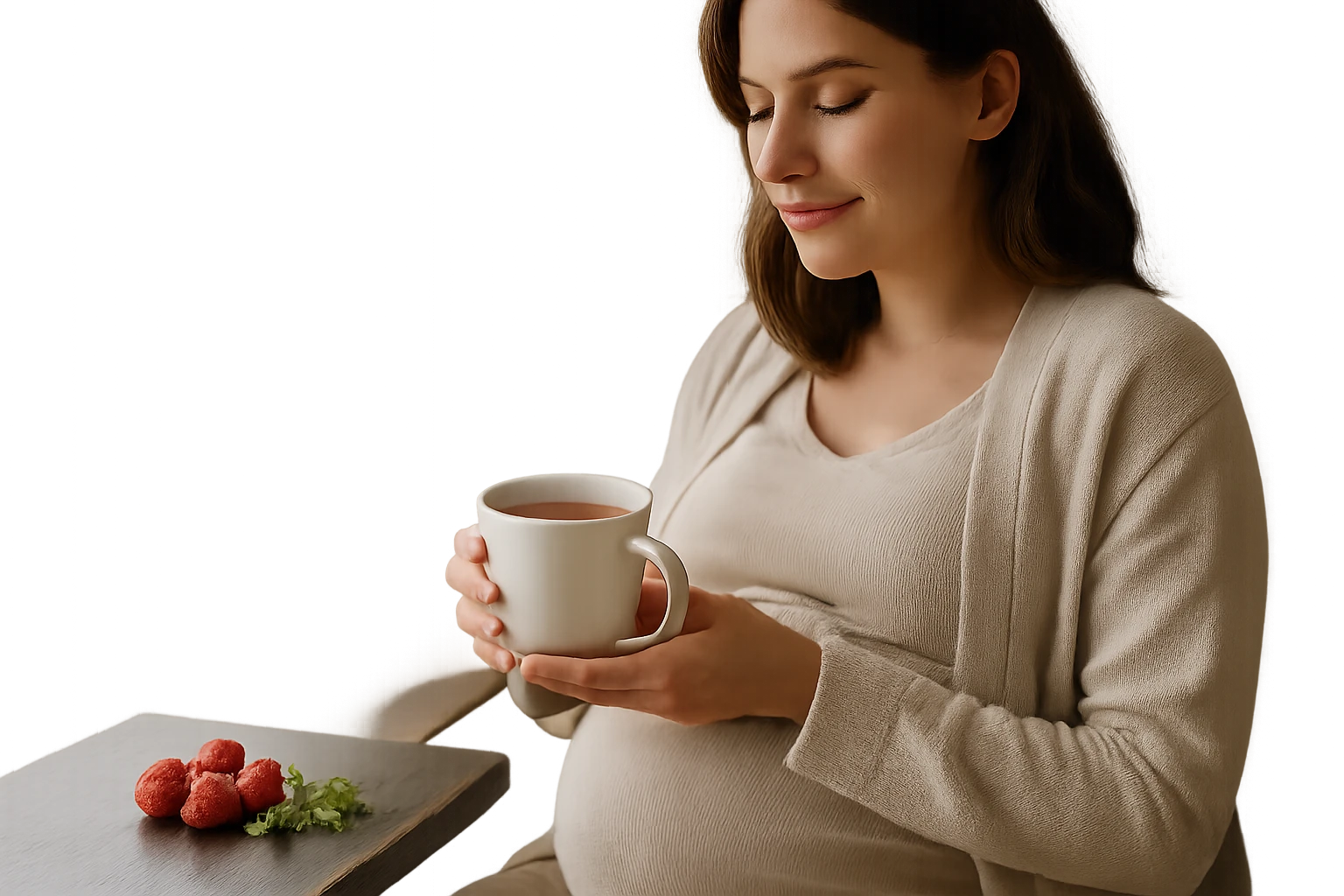 Tehotná žena si vychutnáva šálku čaju pri okne, vedľa sú maliny.