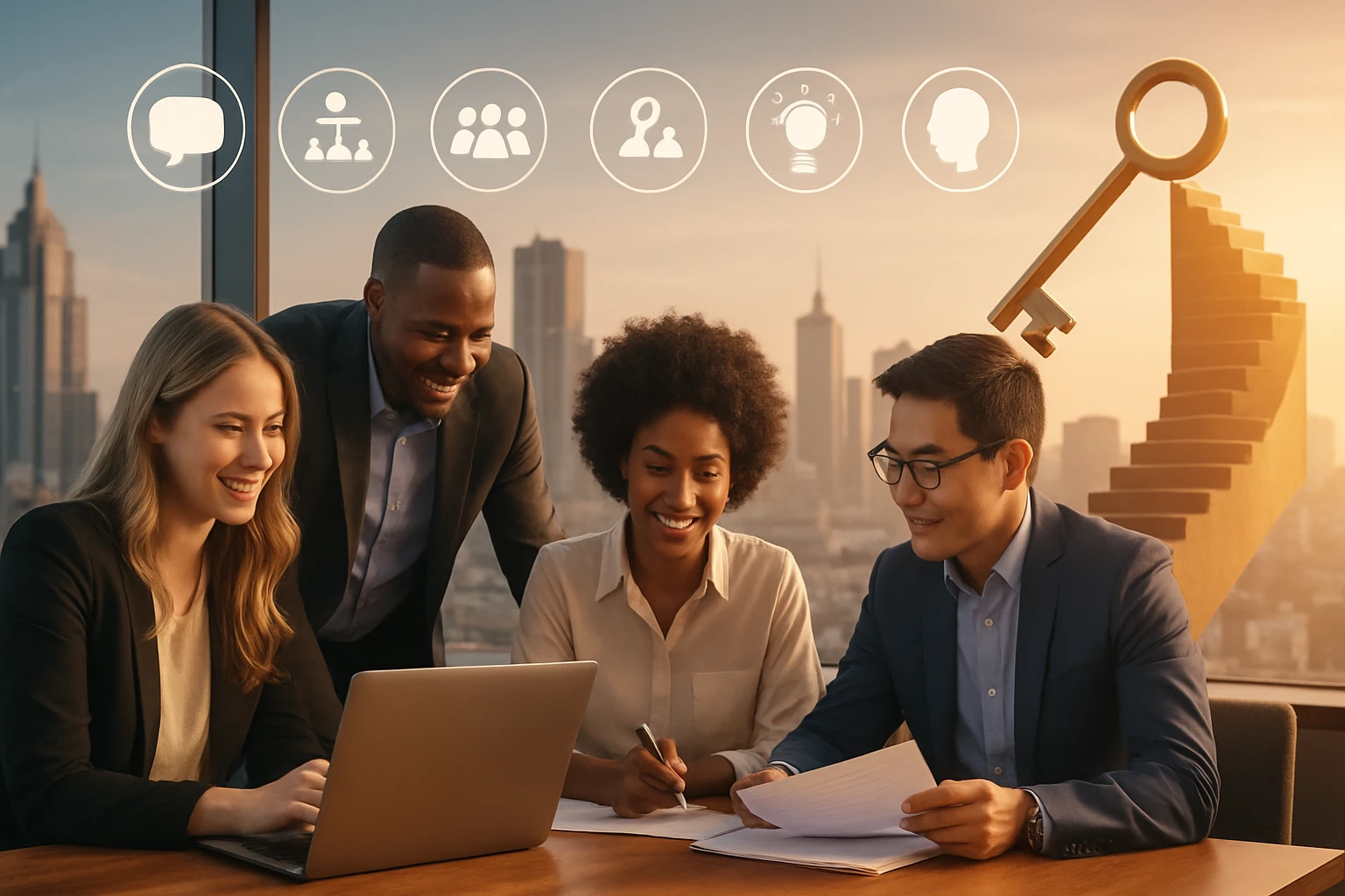 Skupina štyroch profesionálov pracuje na projekte pri počítači s mestským pozadím.