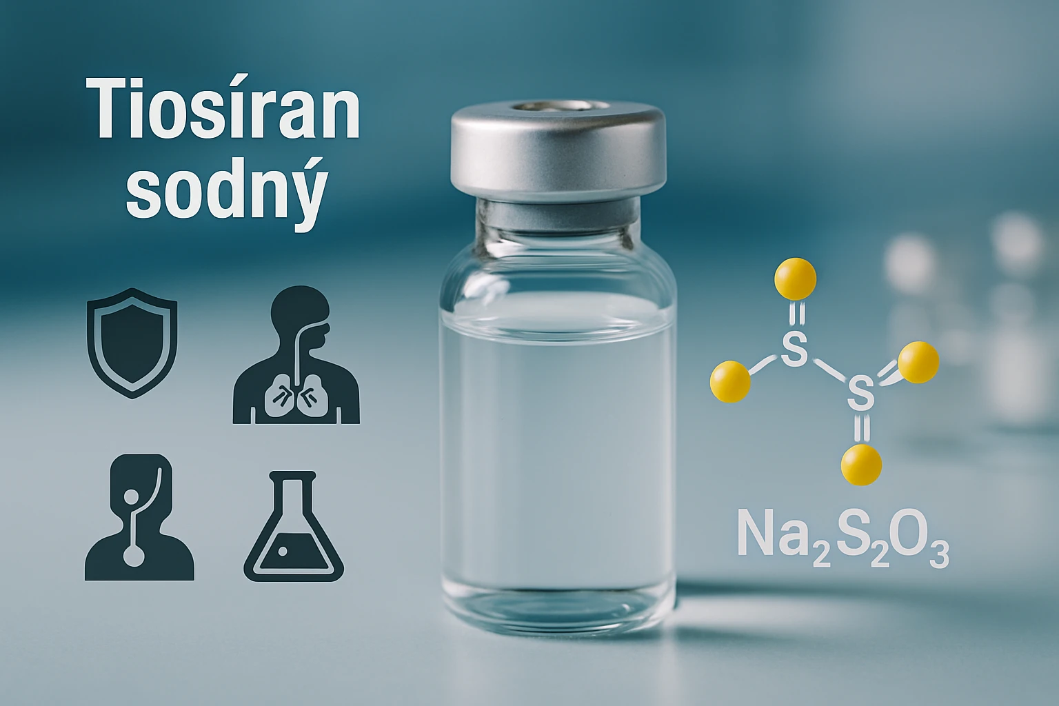 Fľaša s roztokom tiosíranu sodného a chemická štruktúra.