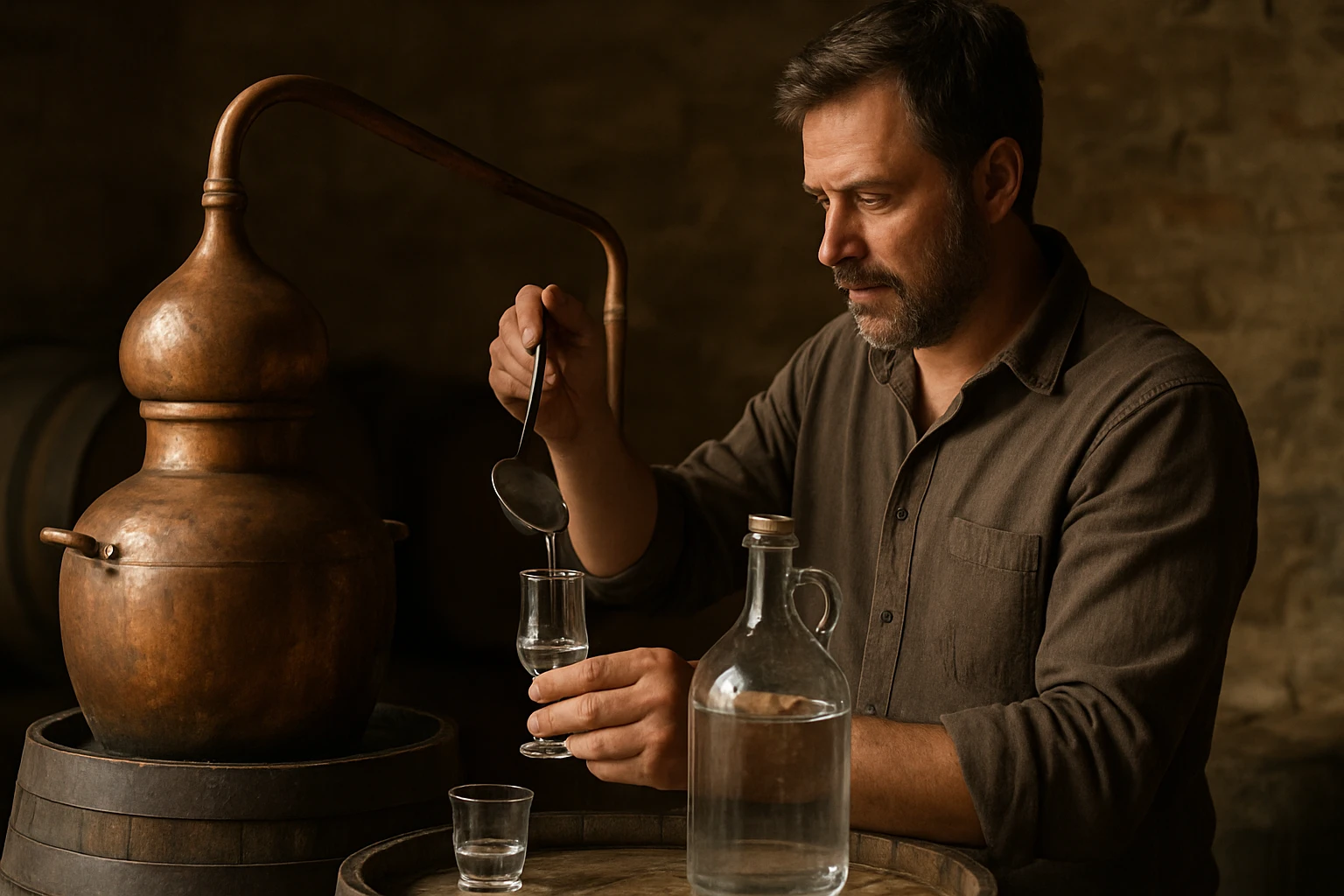 Muž nalieva destilát do pohára z medenej destilačnej nádoby.