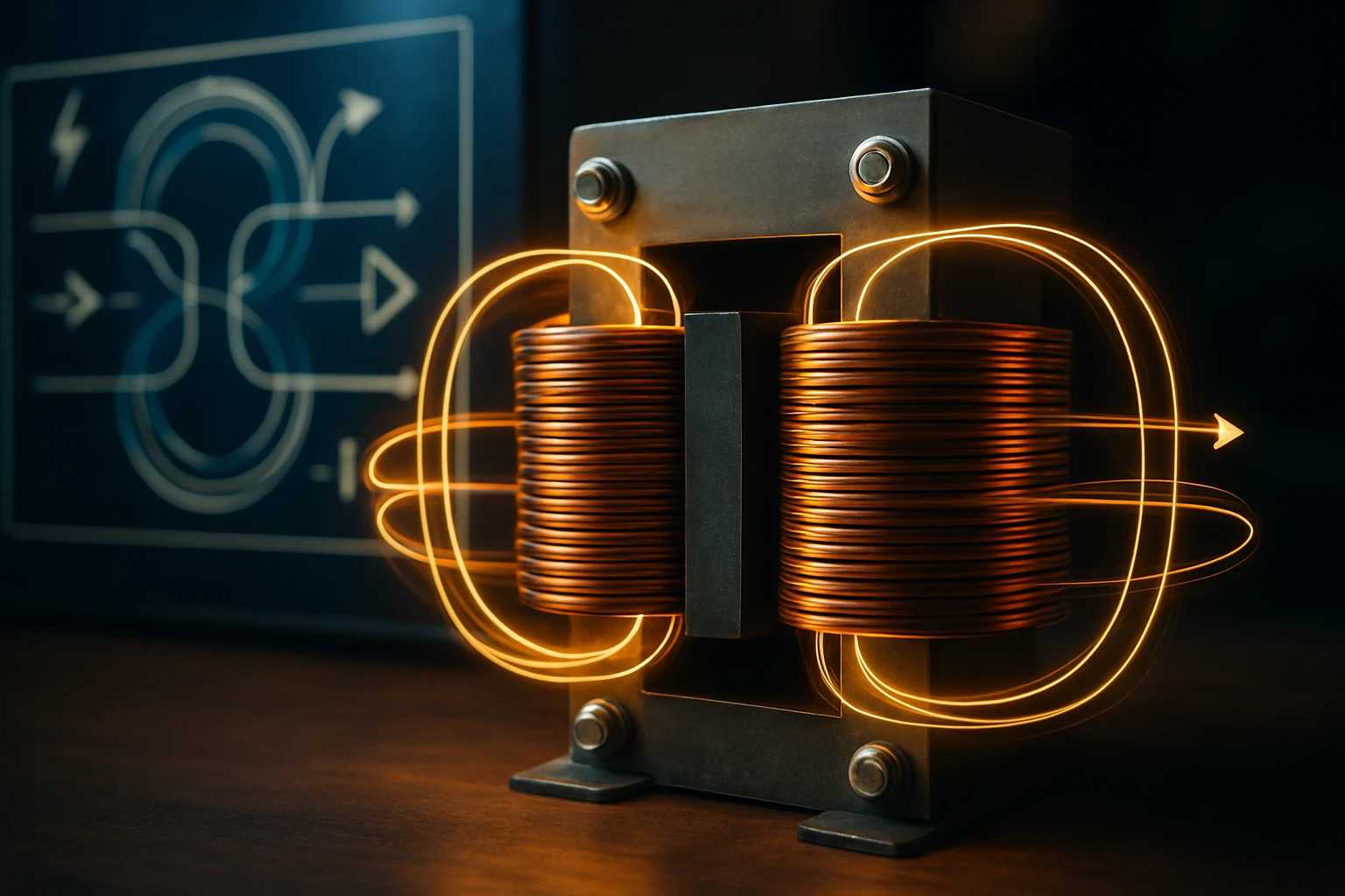 Detail of a copper coil transformer with glowing energy lines around it.