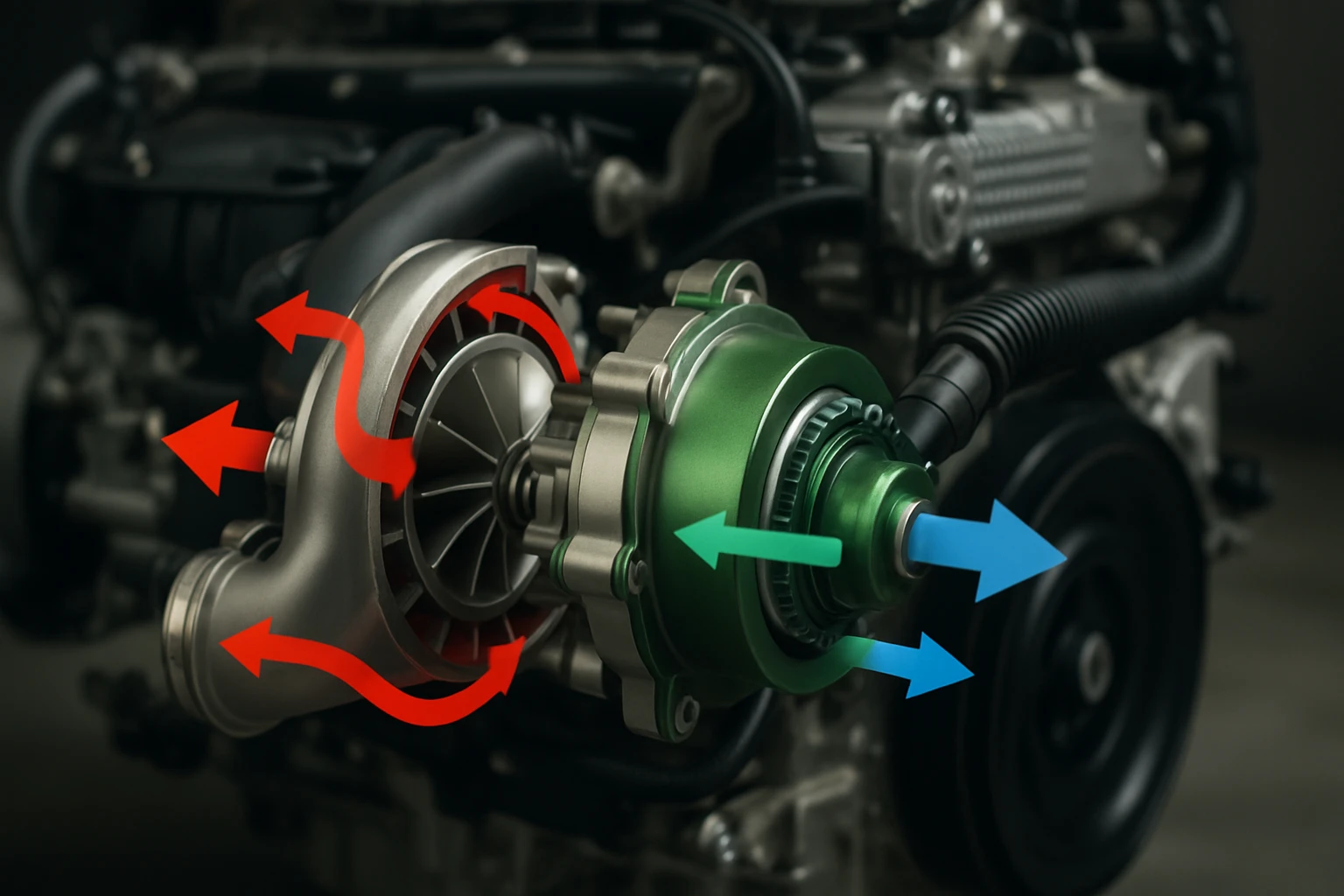 Detail of a turbocharger with airflow arrows indicating direction.