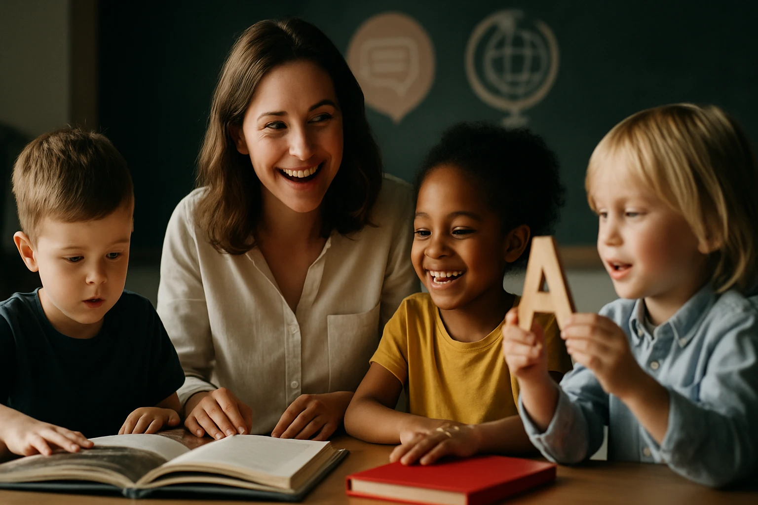 Deti sa učia písmená s nadšením, zatiaľ čo dospelý ich povzbudzuje.