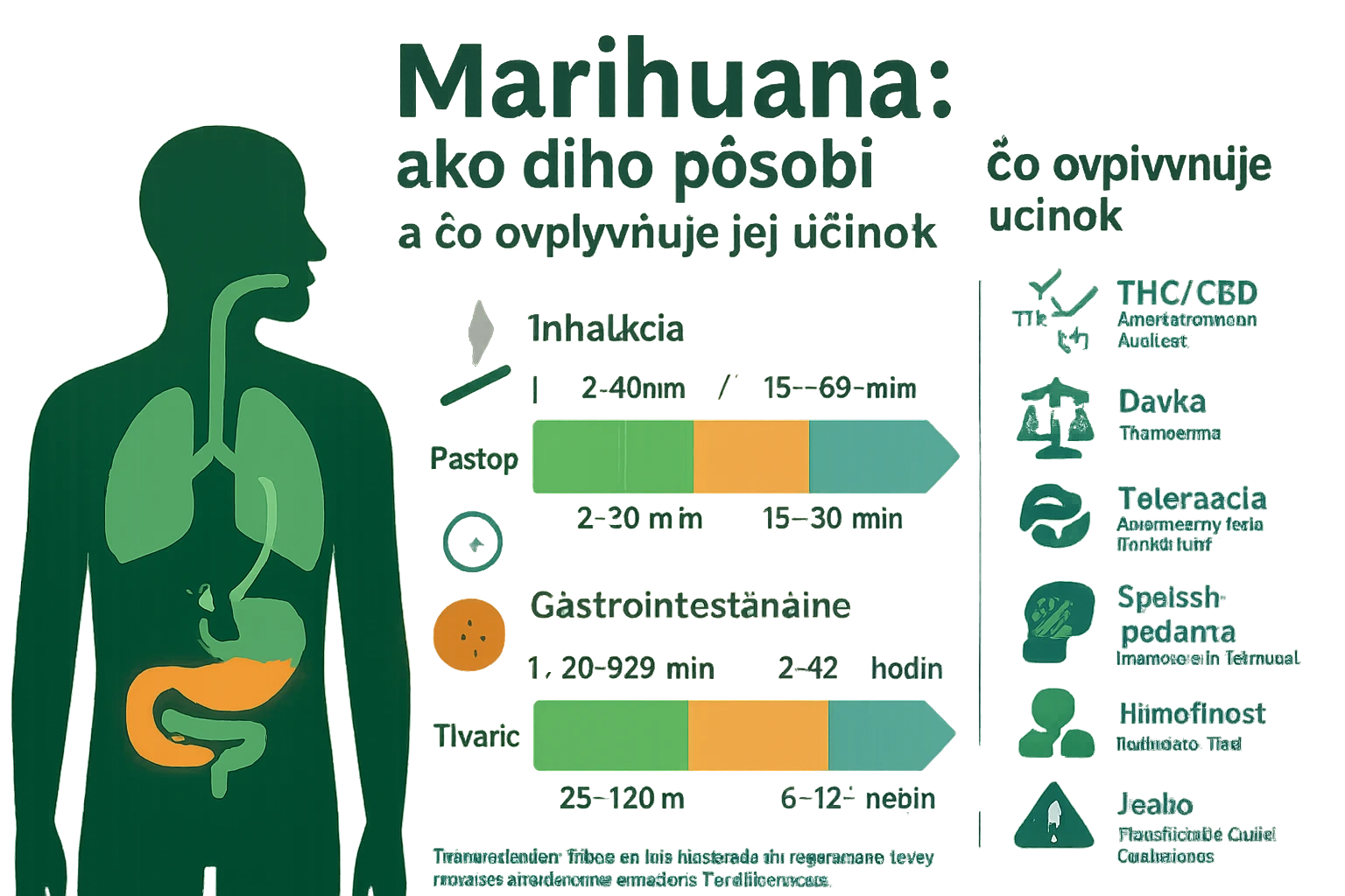 Infografika zobrazuje účinky marihuany na telo a časové rámce rôznych metód užívania.