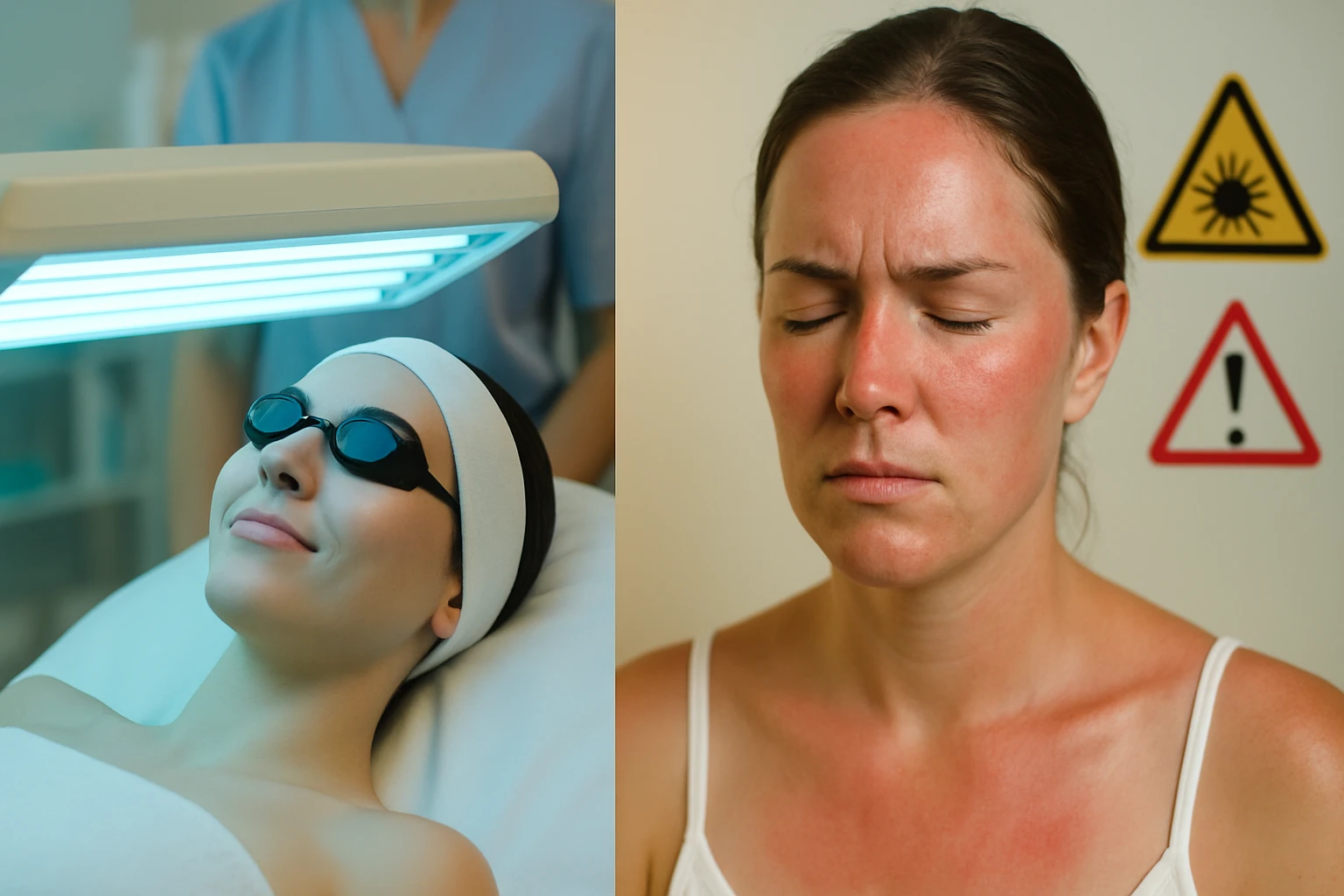 Žena na kozmetickom ošetrení s UV lampou, druhá žena s červenou pokožkou.