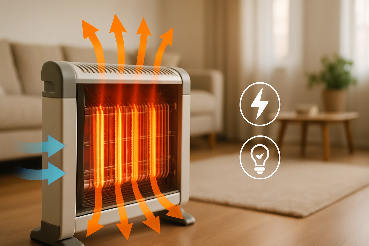 Elektrický ohrievač s vyžarujúcim teplom v útulnej miestnosti.
