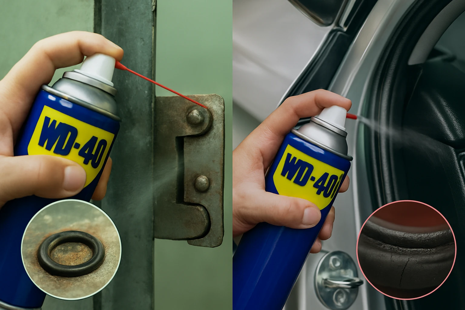 Ruka drží plechovku WD-40, ktorá strieka na pánt a gumu dverí.