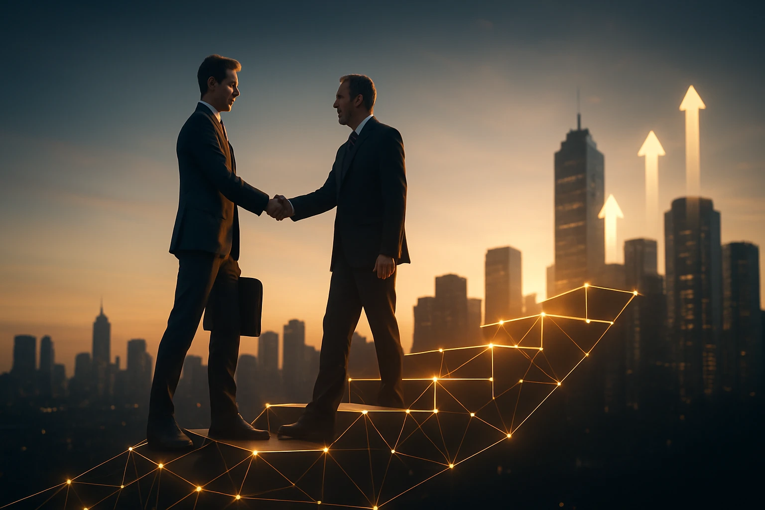 Dva muži v oblekoch si podávajú ruku na pozadí mestského panoráma.