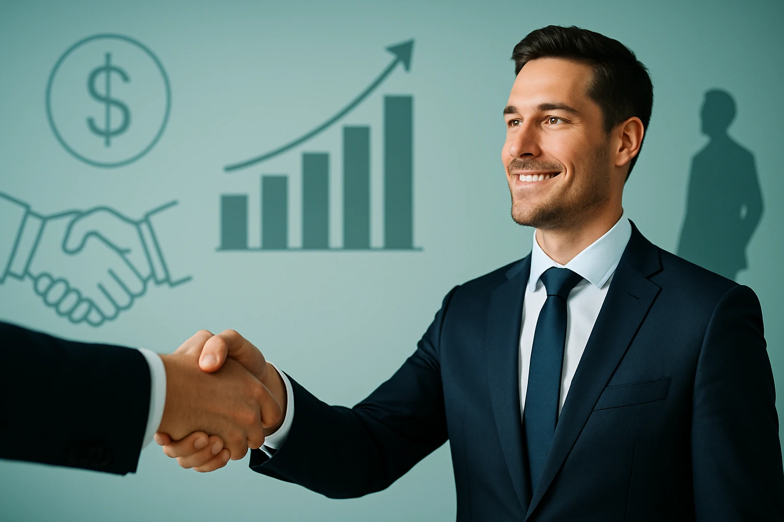Muž v obleku sa usmieva a podáva ruku, symbolizujúci úspešné obchodné rokovanie.